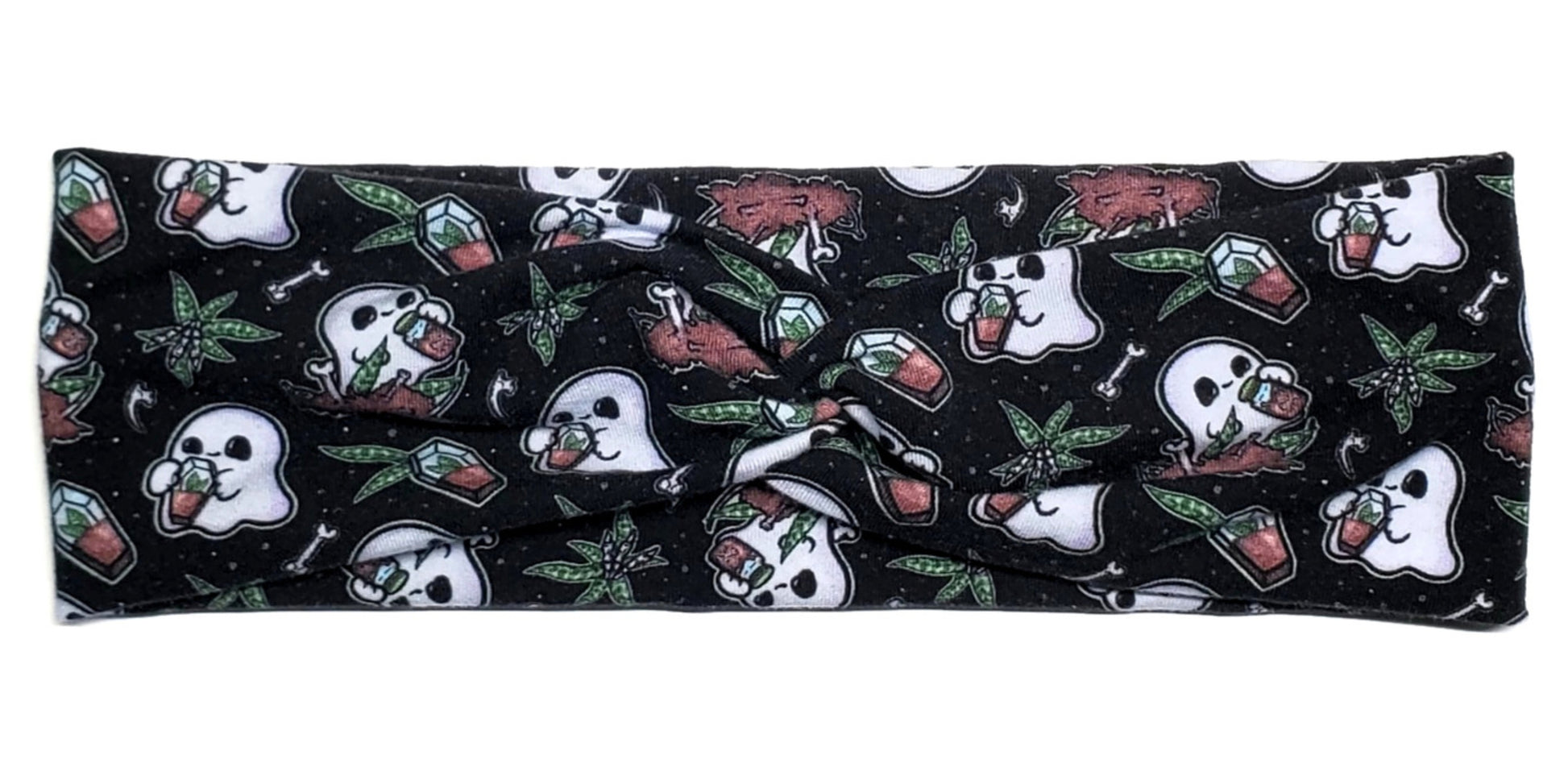 Ghosts with Aloe plants and coffins on a black cotton twist headband for women