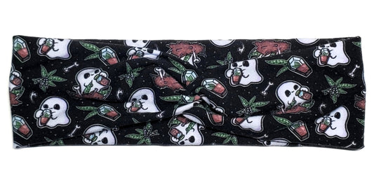 Ghosts with Aloe plants and coffins on a black cotton twist headband for women