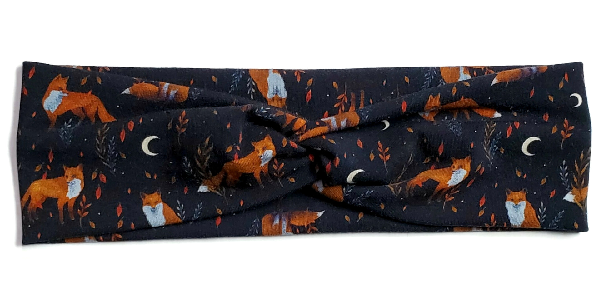 Dark cotagecore style foxes and moons on a black cotton twist headwrap headband for woe