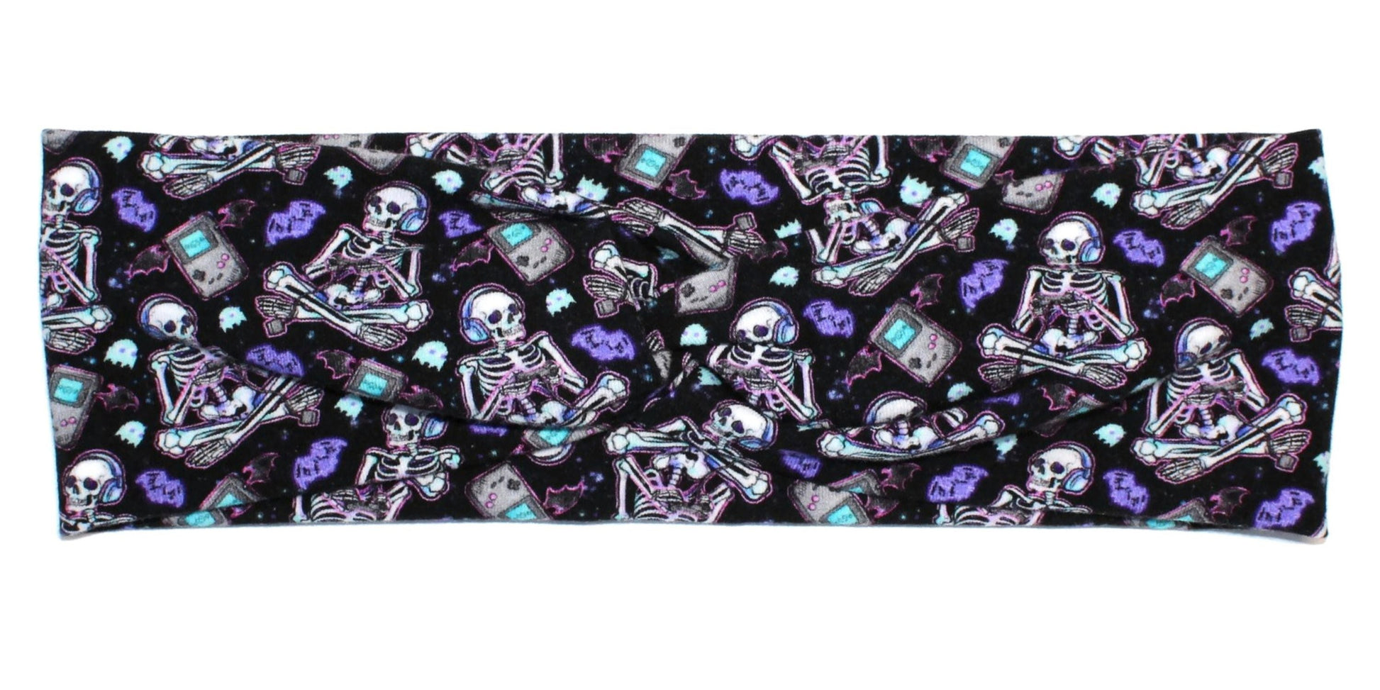 Purple bats and Skeleton Gamers on a Black cotton twist headband for women