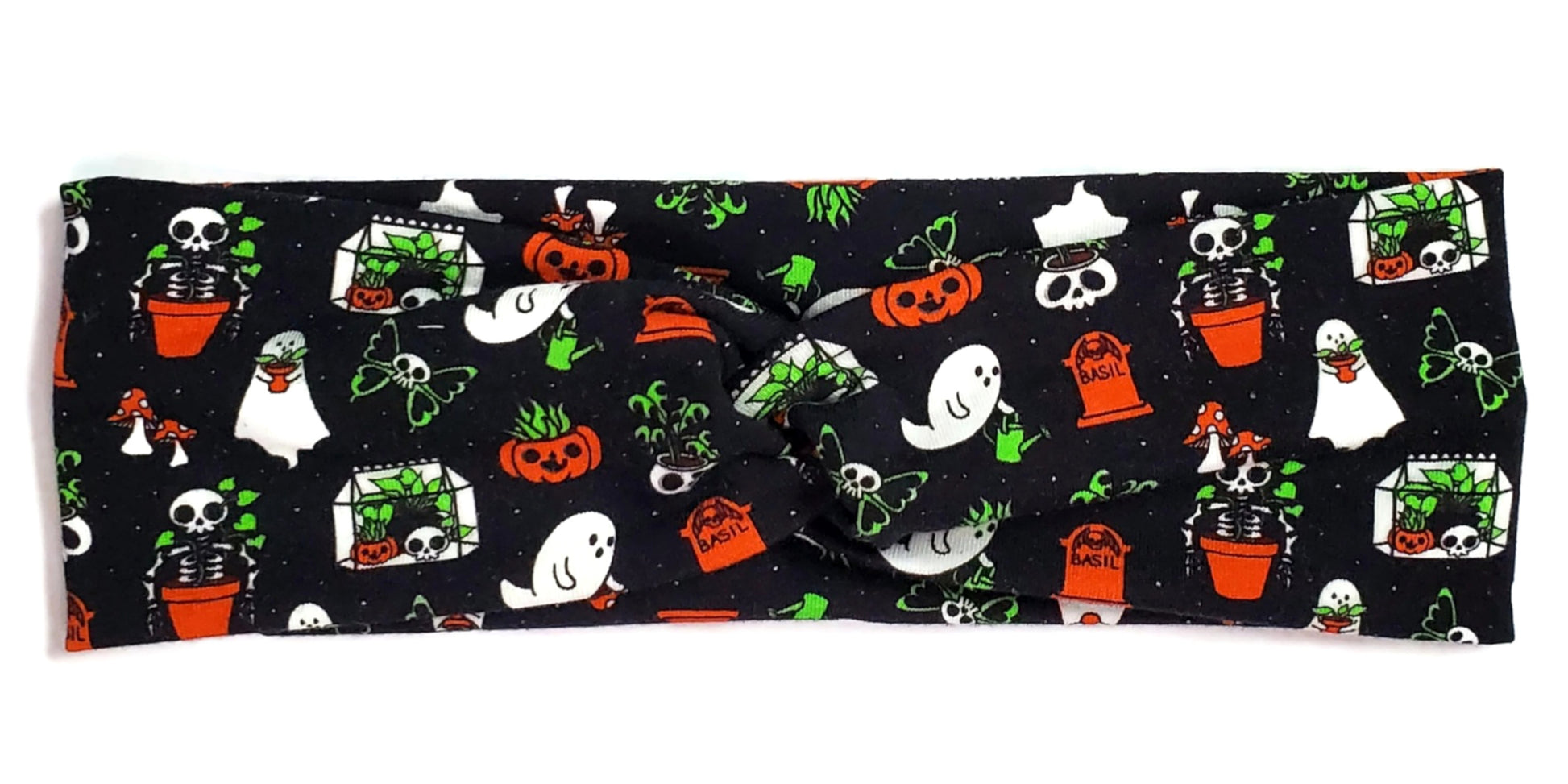 Dark cottagecore ghosts watering their plants, skeleton pots, gravestones, pumpkins and mushrooms on a black twist headwrap headband for women