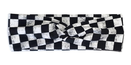 Black and white grunge checkered twist wide headband for women