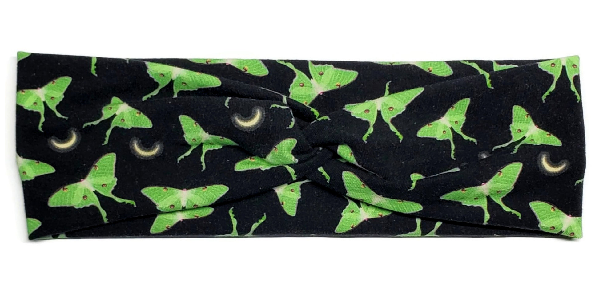 Dark cottagecore themed luna moths and moons on a twist headwrap headband for women