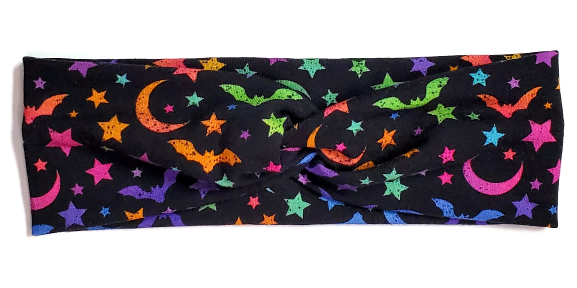 Rainbow bat silhouettes on a black twist headwrap headband for women