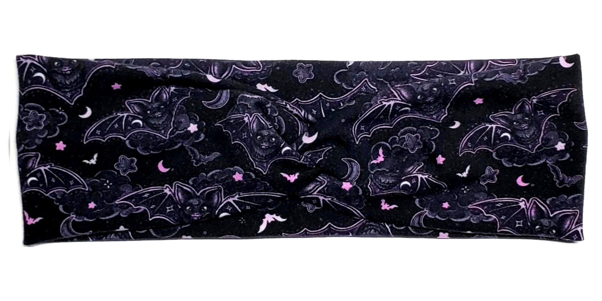 Pastel Goth Pink Bats stars and moons on a black twist headwrap headband for women