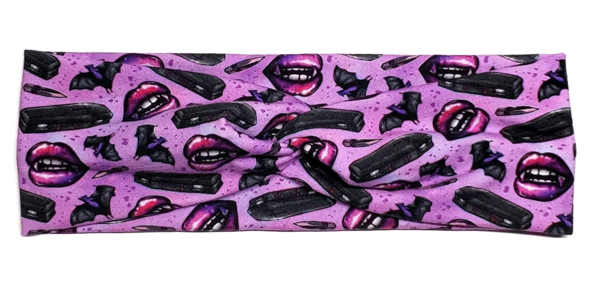 Pink vampire Lips, coffins stakes and bats on a purple cotton twist headband for women