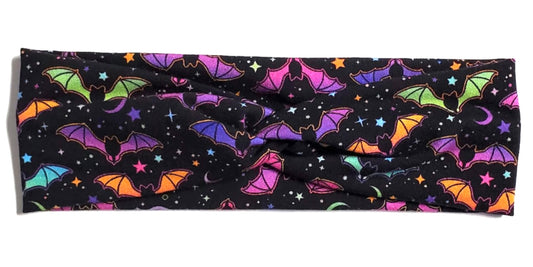 Rainbow bats on a black cotton twist  headwrap headband for women