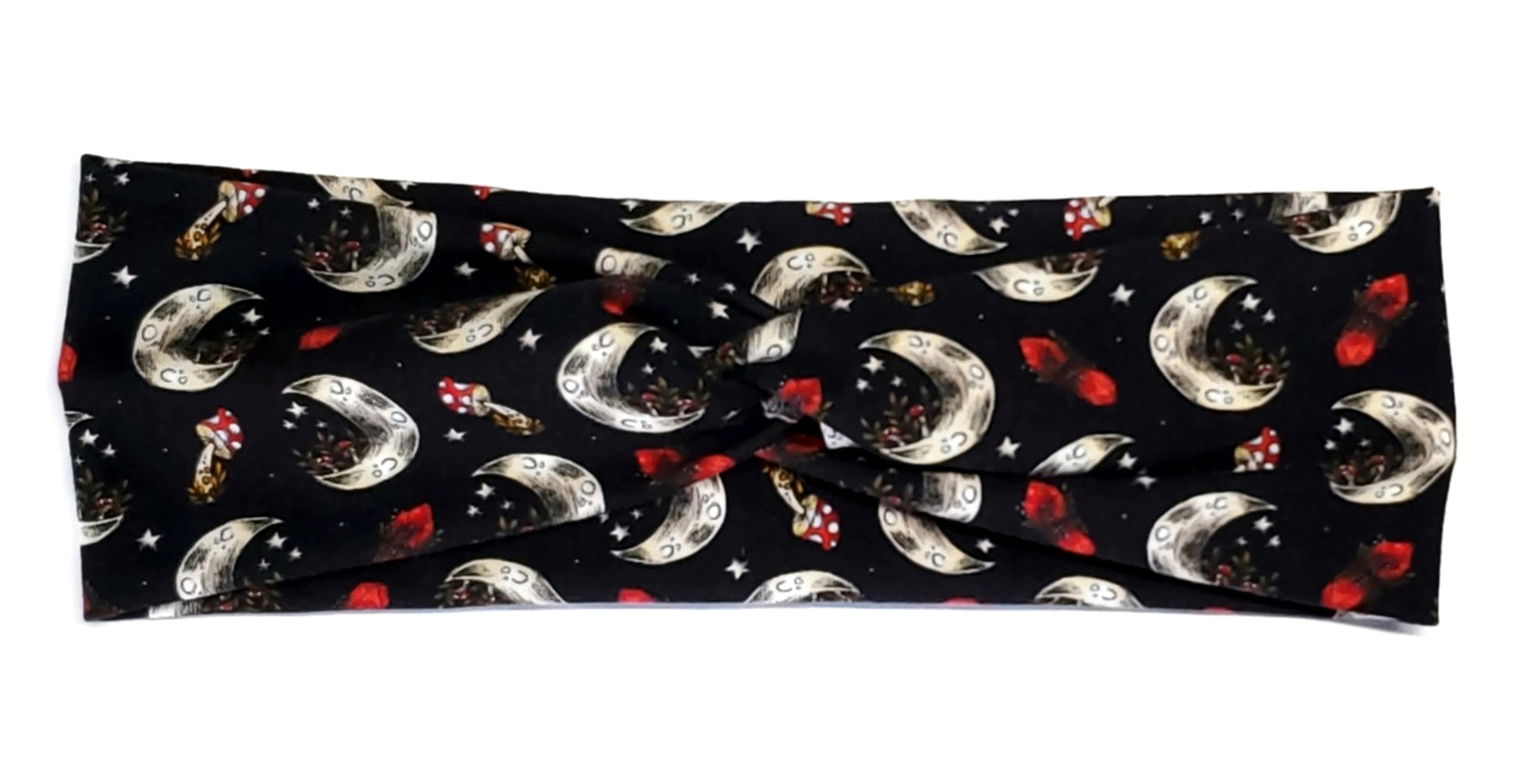 Dark Cottagecore style red Mushrooms and crystals with crescent moons and stars on  a black twist headwrap headband for Women