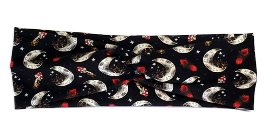Dark Cottagecore style red Mushrooms and crystals with crescent moons and stars on  a black twist headwrap headband for Women