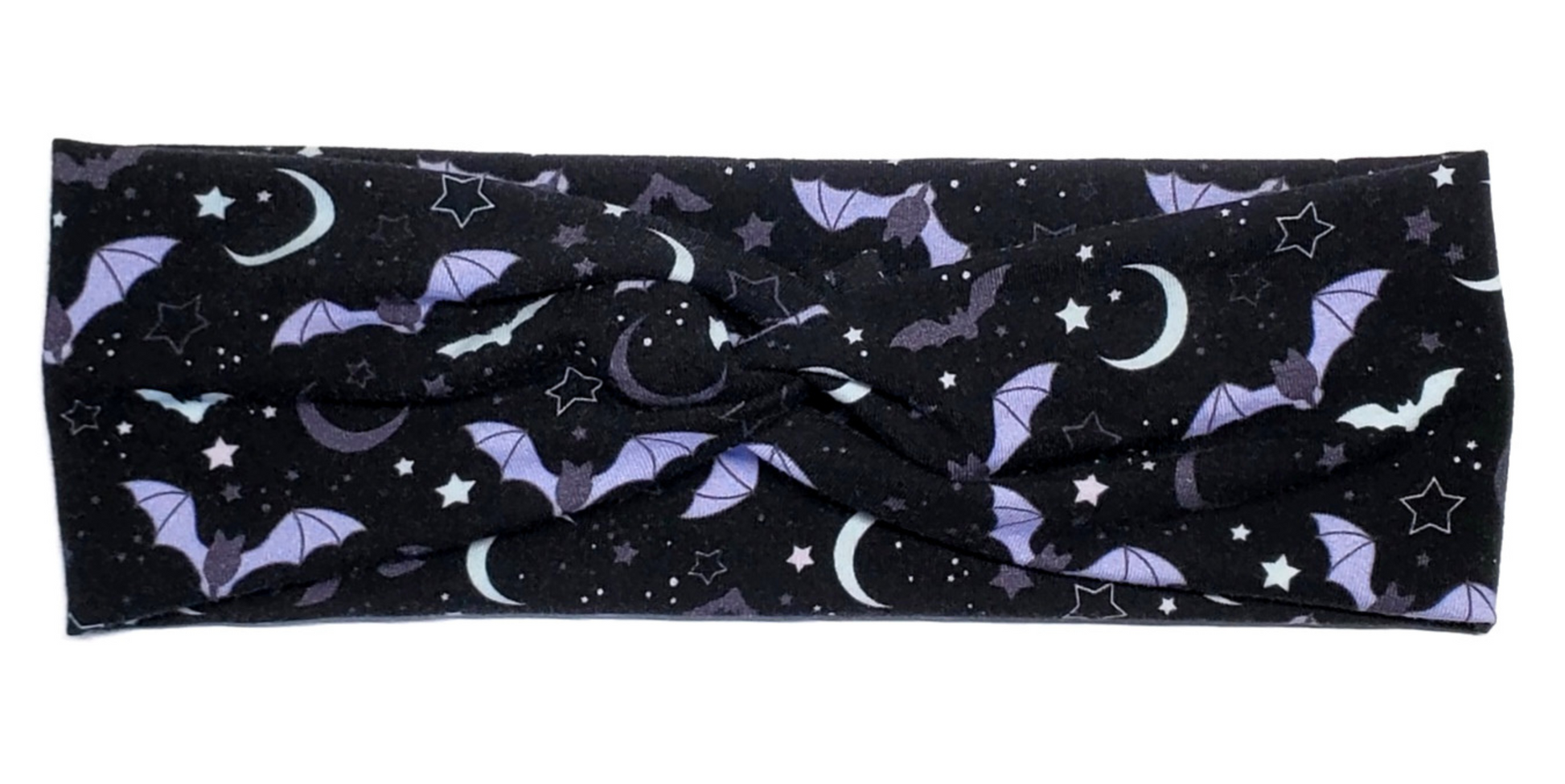 Lavender bats and Moons on a black cotton twist headband for women