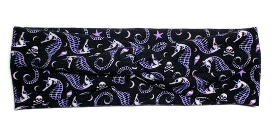 Purple Seahorse skeletons Moons and stars on a black cotton twist headband for women